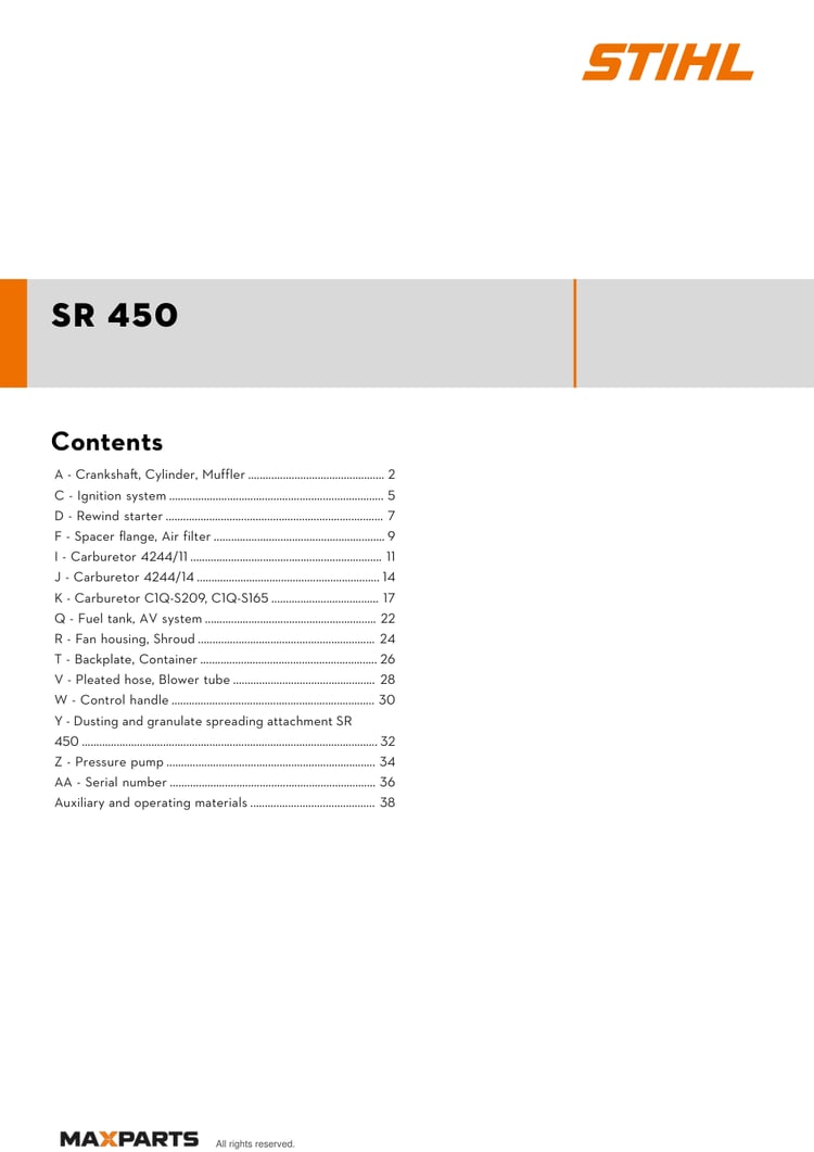 Cover of the STIHL SR 450 illustrated parts catalogue PDF, showing the model name and contents.