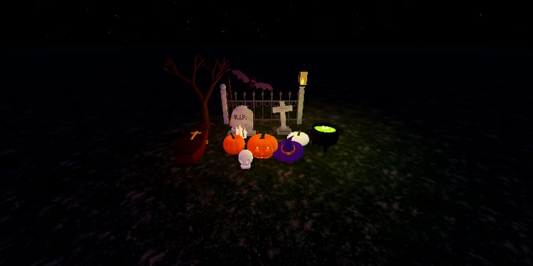Purple witch hat beside a glowing potion cauldron