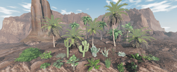 Realistic desert vegetation collection on rocky terrain
