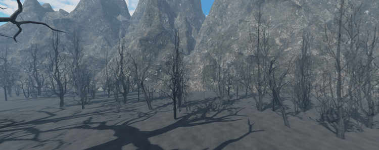 Realistic leafless woodland against rugged mountain scenery