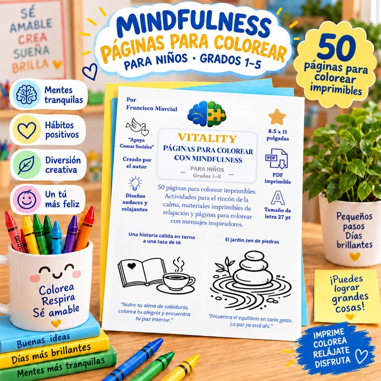 Libro digital Vitality Páginas para Colorear con Mindfulness para Niños, con 50 páginas imprimibles sobre emociones, calma y creatividad.