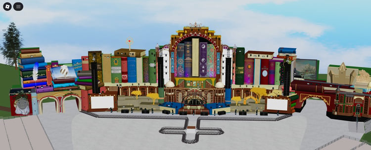 Large fantasy stage with oversized colorful books