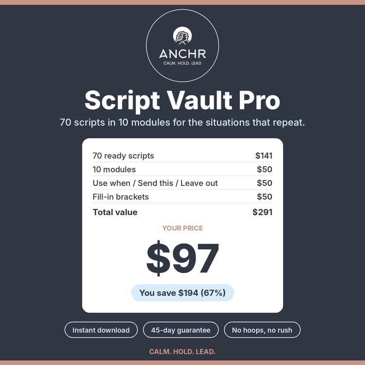 ANCHr Script Vault Pro product cover, $97, includes 70 scripts, 10 modules, Use when / Send this / Leave out, instant download with a 45-day guarantee