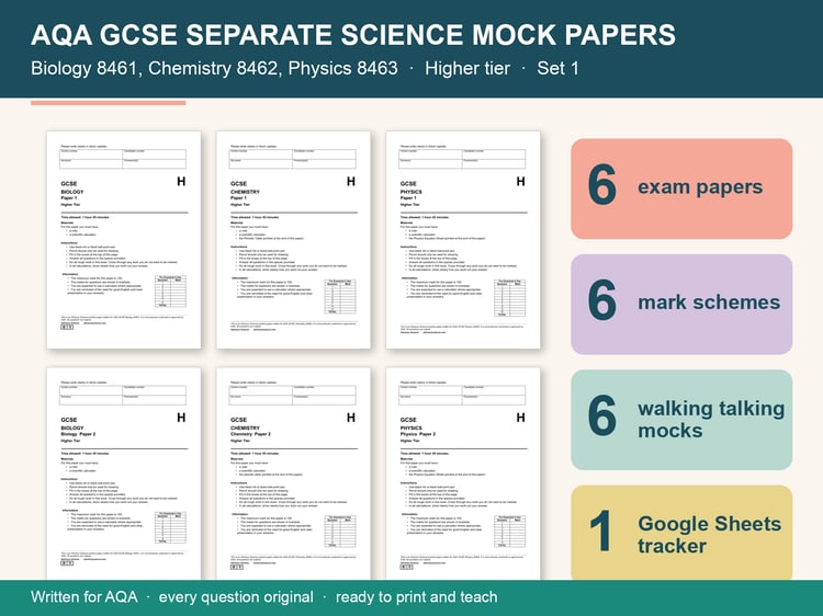 AQA GCSE Triple Science Mock Papers, Higher Set 1 | Biology, Chemistry and Physics, 6 Papers: cover