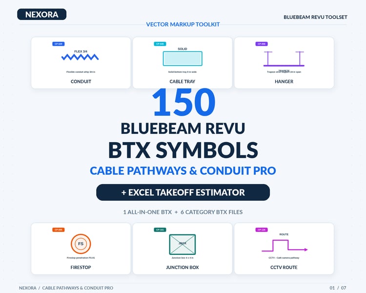 Bluebeam Revu BTX toolset with 150 cable pathway and conduit symbols, including cable trays, junction boxes, hangers and Excel takeoff estimator.