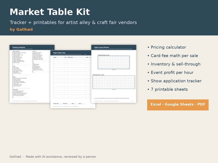 Market Table Kit by Galihad cover showing the packing checklist, sales tally, and table layout printables