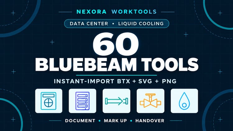 60 Bluebeam Revu BTX tools for data center liquid cooling, with vector engineering symbols and instant-import toolsets.