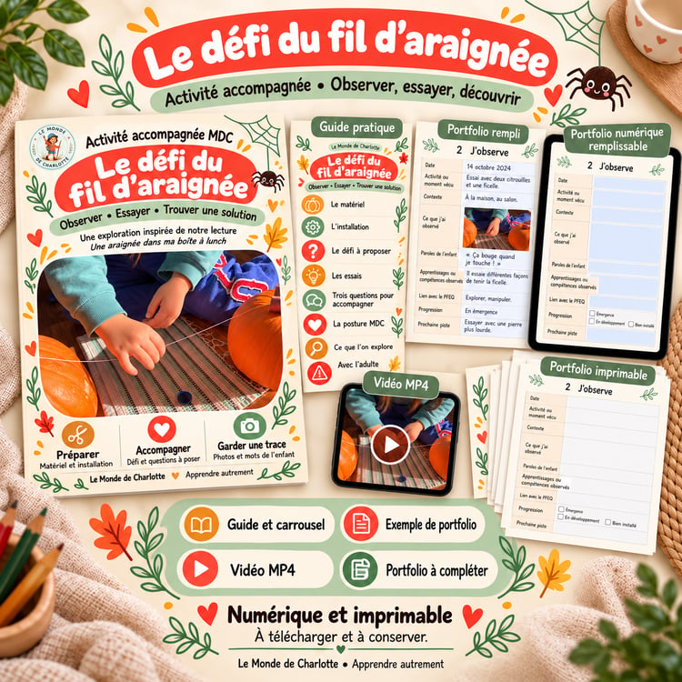 Ensemble MDC Le défi du fil d’araignée : guide pratique, portfolios imprimable et numérique, et vidéo. Un enfant manipule un fil tendu entre deux citrouilles.