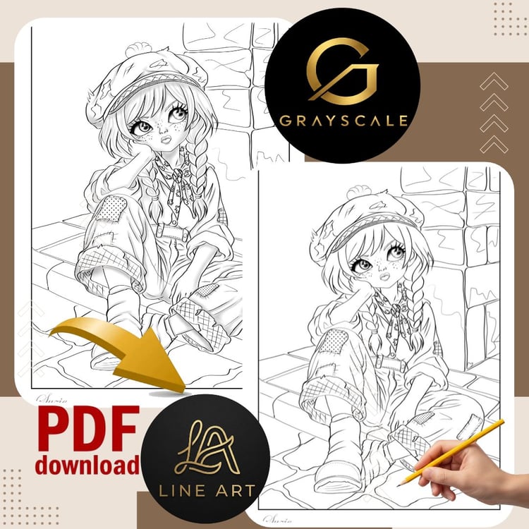 Adult Coloring Page PDF – Cute Boho Girl "Suzie" | Line Art & Grayscale Instant Download | Printable Coloring Sheet for Colored Pencils