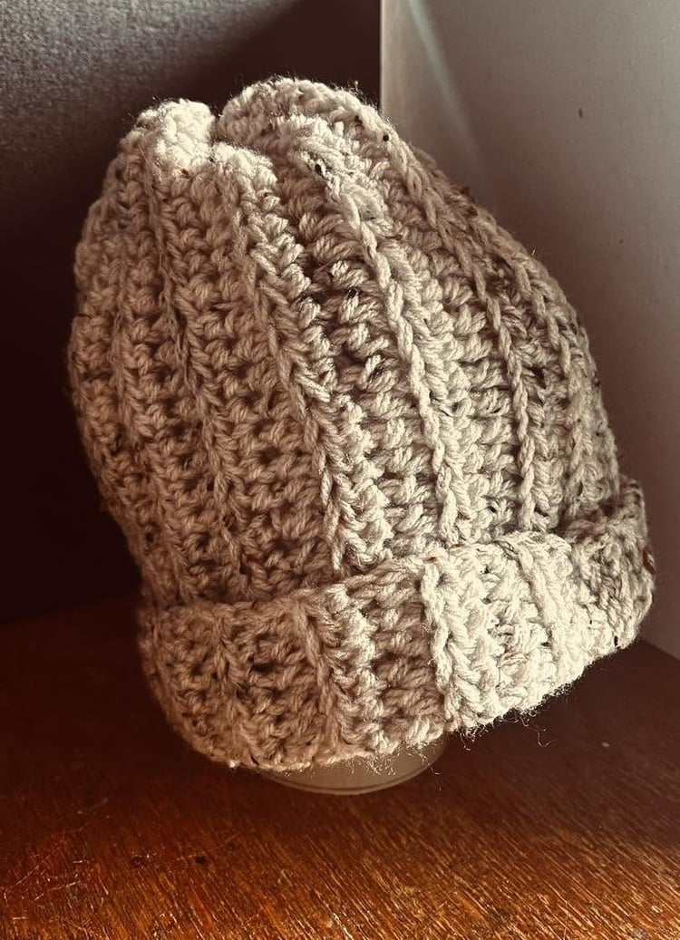 Handmade large off-white crochet woolly hat with colourful speckles, cosy winter hat for autumn and winter.