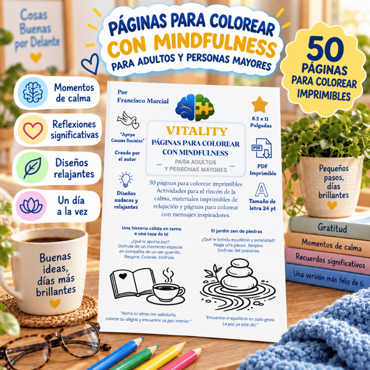 Libro para colorear con mindfulness para adultos y personas mayores de Vitality Publishing, con actividades de calma, gratitud y reflexión en español.