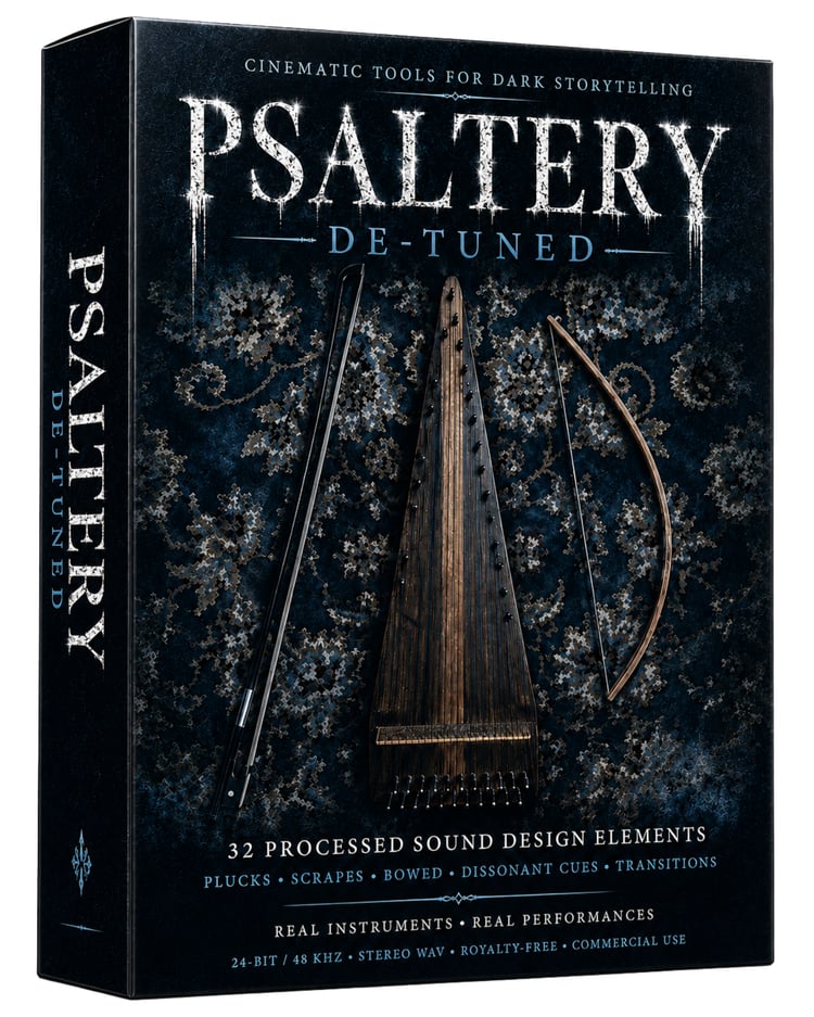 Psaltery De-Tuned cinematic sound design pack featuring 32 original de-tuned psaltery sounds with eerie plucks, bowed textures, strums, scrapes and dark atmospheric cues for horror, suspense, film, trailers, games and sound design.