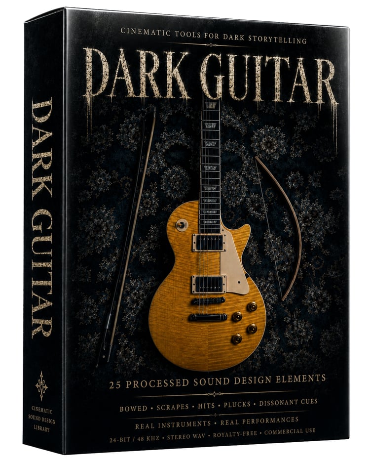 Dark Guitar cinematic sound design pack featuring 25 original electric guitar textures, bowed tones, scrapes, plucks, glissandos and dark atmospheric elements for horror, suspense, film, trailers and games.