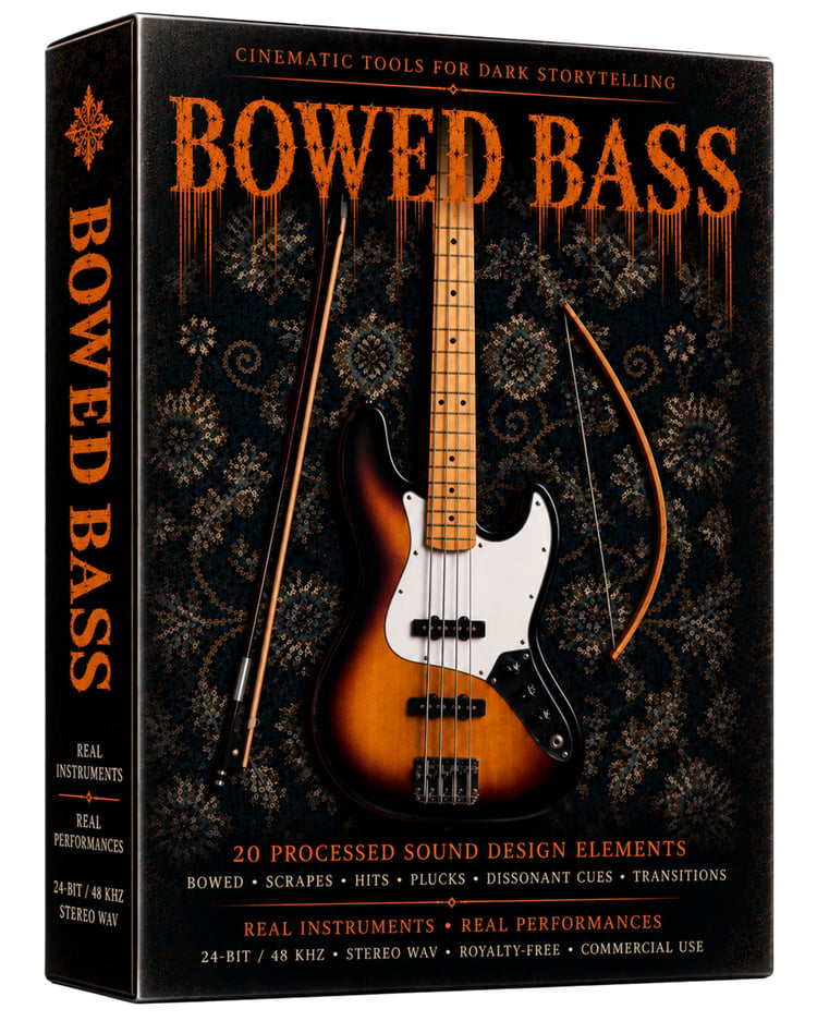 Bowed Bass cinematic sound design pack featuring 20 original bowed bass textures, deep rumbles, dissonant tones, tremolo, plucks and dark atmospheric cues for horror, suspense, film, trailers, games and cinematic storytelling.