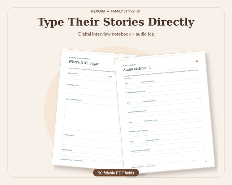 Digital family interview notebook with fillable PDF fields for recording and organizing life stories