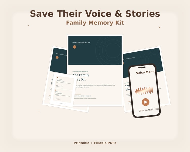 Family Memory Kit with printable story guide, memory workbook, gift card and phone recording illustration