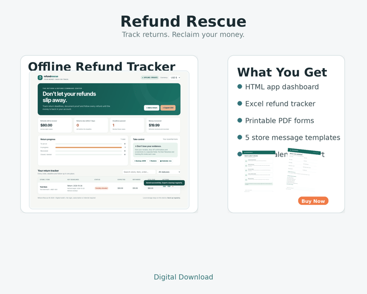 Refund Rescue digital return and refund tracker showing the offline app dashboard, Excel tracker, printable forms and Buy Now label.