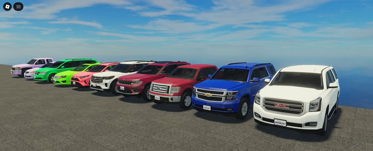 Colorful American vehicles viewed from the front