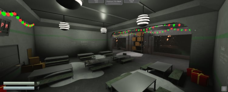 Cafeteria interior with tables and festive lights