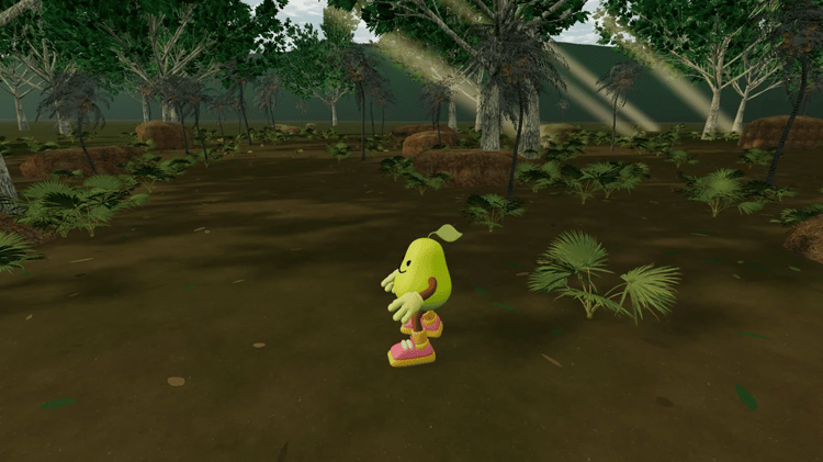 PEPE stands in AMA-ZOM among rainforest palms, layered foliage and rocks beneath shafts of sunlight.