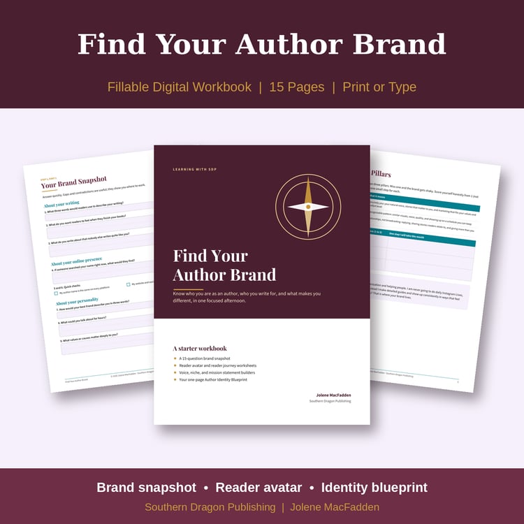 Find Your Author Brand Starter Workbook cover with compass icon and sample worksheet pages