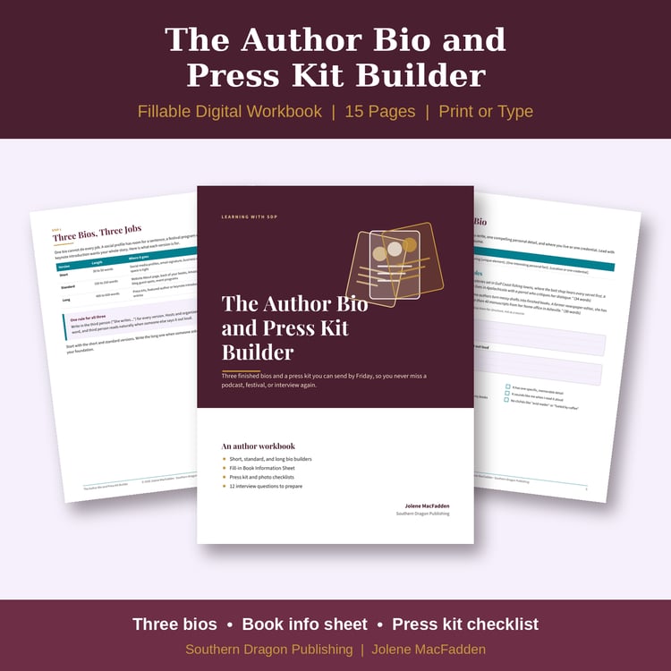 The Author Bio and Press Kit Builder workbook cover with author photo cards and sample bio pages