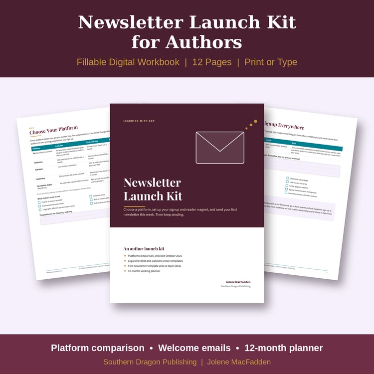 Newsletter Launch Kit for Authors workbook cover with envelope icon and sample planning pages