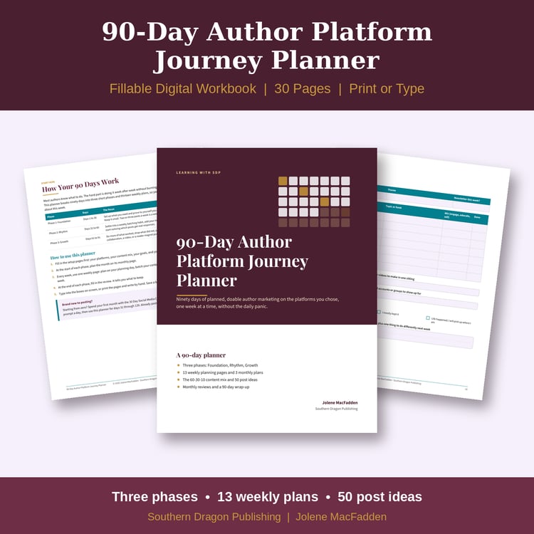 90-Day Author Platform Journey Planner cover with calendar grid and sample weekly planning pages