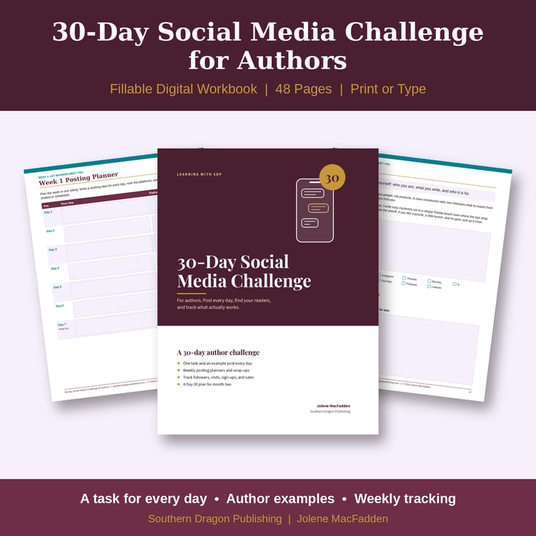 30-Day Social Media Challenge for Authors fillable workbook cover with planner and daily challenge pages
