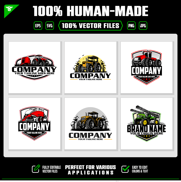 Download 6 hand-crafted tractor and agricultural machinery vector logos. Perfect for farming businesses, farm equipment branding and merchandise. SVG, EPS, PNG, JPG.