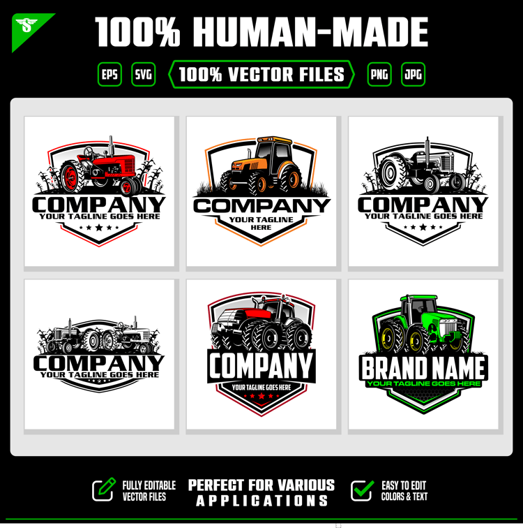 Download 6 hand-crafted tractor vector logos featuring vintage and modern farm tractors. Editable SVG, EPS, PNG and JPG files for farming business branding.