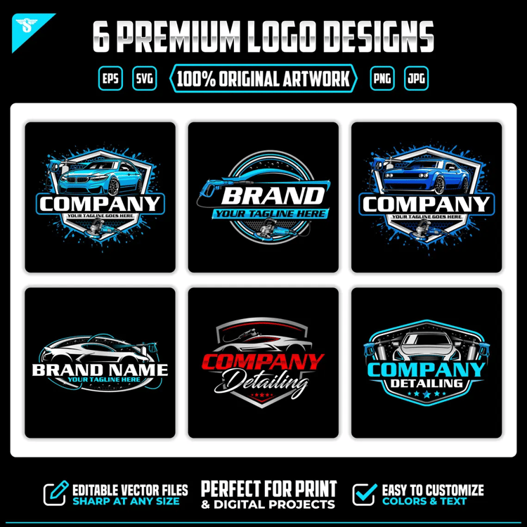 Download 6 hand-crafted car detailing vector logos. Editable SVG, EPS, PNG and JPG designs for car wash, mobile detailing and automotive business branding.