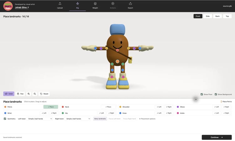 Original Happy Fruits character with anatomical landmarks visible in Rigger.