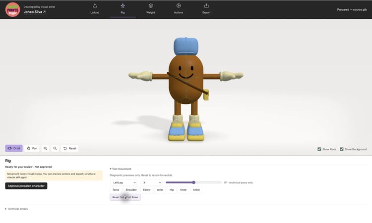 The prepared Happy Fruits character with its skeleton displayed in the Rigger application.