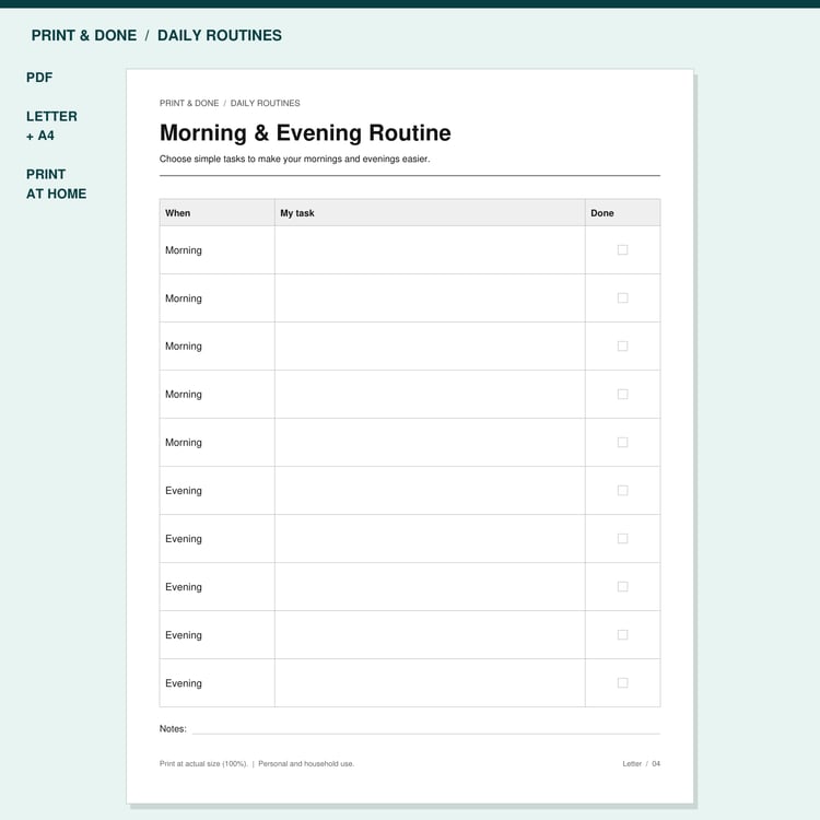 Morning & Evening Routine Printable preview showing the actual printable worksheet.