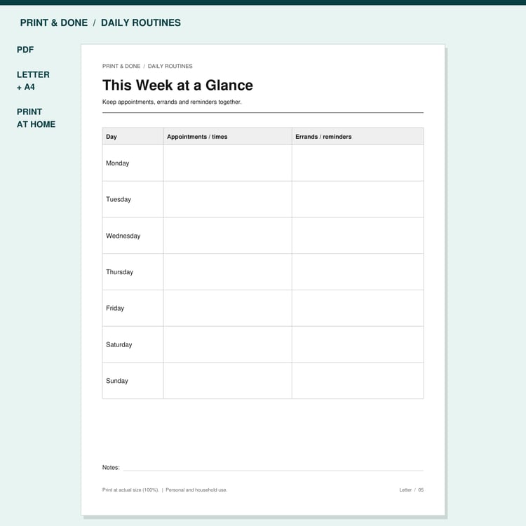 This Week at a Glance Printable preview showing the actual printable worksheet.