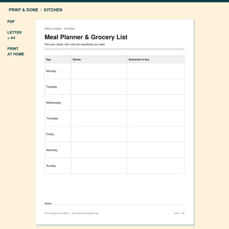 Meal Planner & Grocery List Printable preview showing the actual printable worksheet.