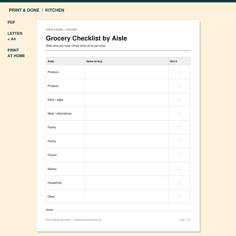 Grocery Checklist by Aisle Printable preview showing the actual printable worksheet.