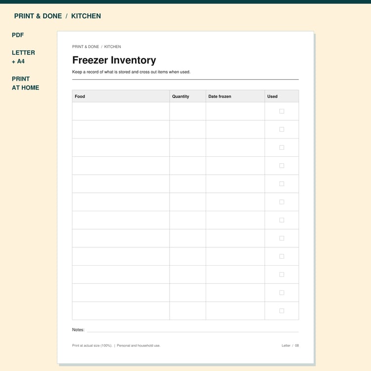Freezer Inventory Printable preview showing the actual printable worksheet.