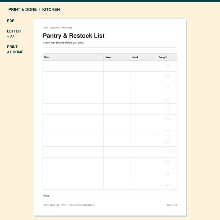 Pantry & Restock List Printable preview showing the actual printable worksheet.
