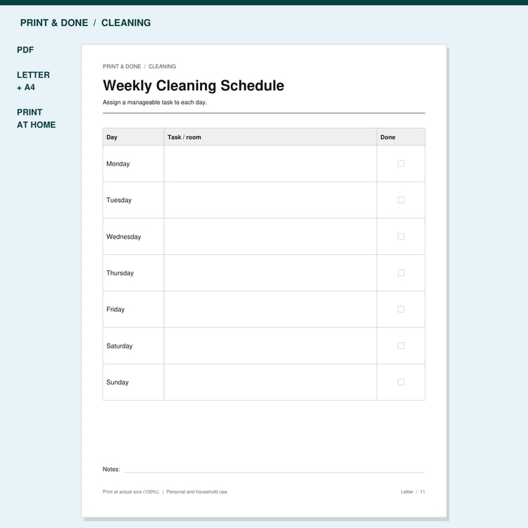 Weekly Cleaning Schedule Printable preview showing the actual printable worksheet.