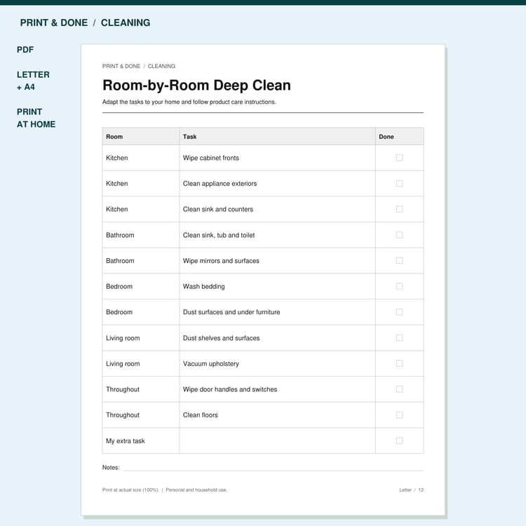 Room-by-Room Deep Clean Printable preview showing the actual printable worksheet.