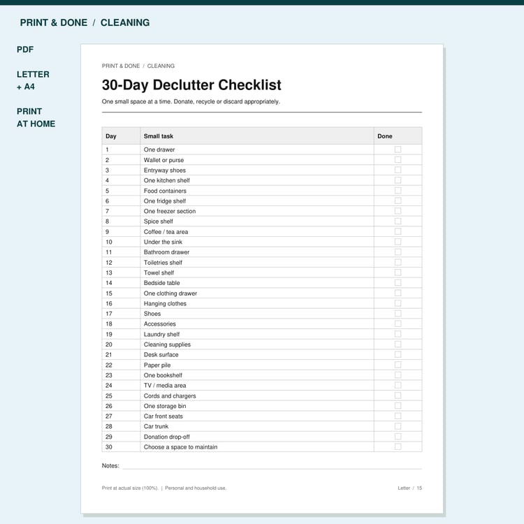 30-Day Declutter Checklist Printable preview showing the actual printable worksheet.