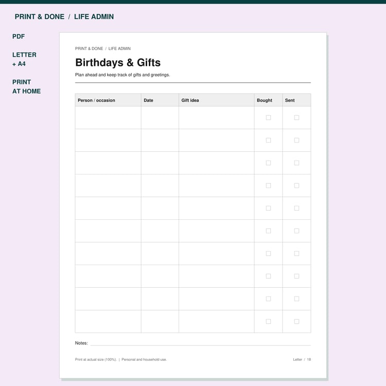 Birthdays & Gifts Printable preview showing the actual printable worksheet.