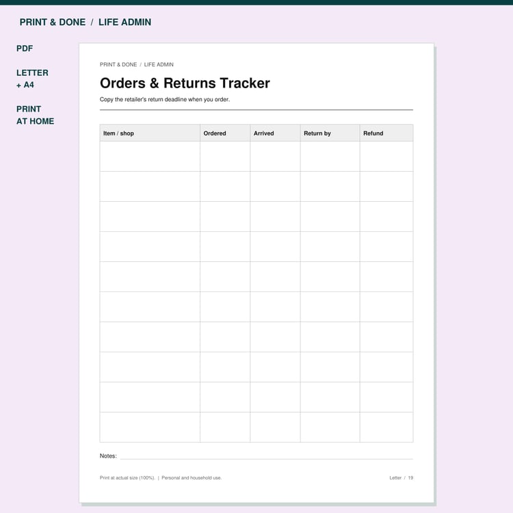 Orders & Returns Tracker Printable preview showing the actual printable worksheet.