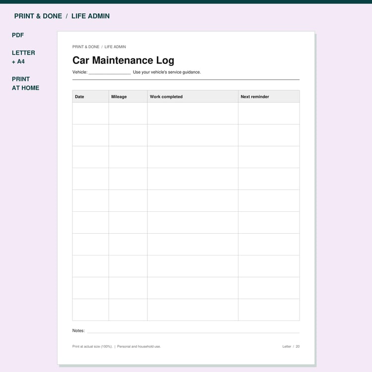 Car Maintenance Log Printable preview showing the actual printable worksheet.