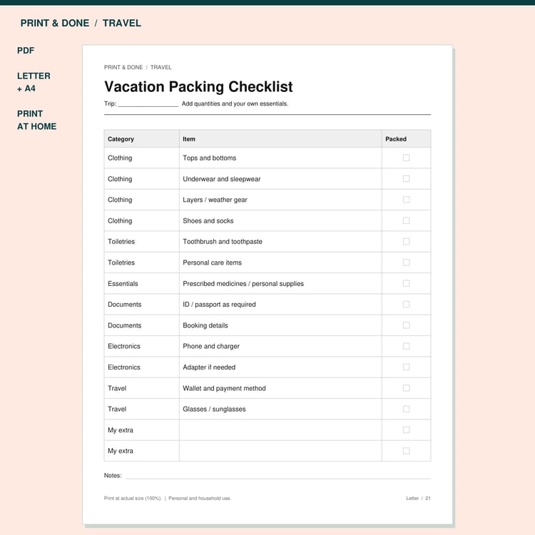 Vacation Packing Checklist Printable preview showing the actual printable worksheet.