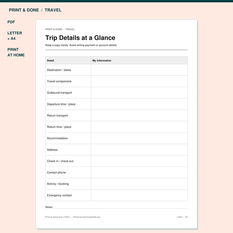 Trip Details at a Glance Printable preview showing the actual printable worksheet.