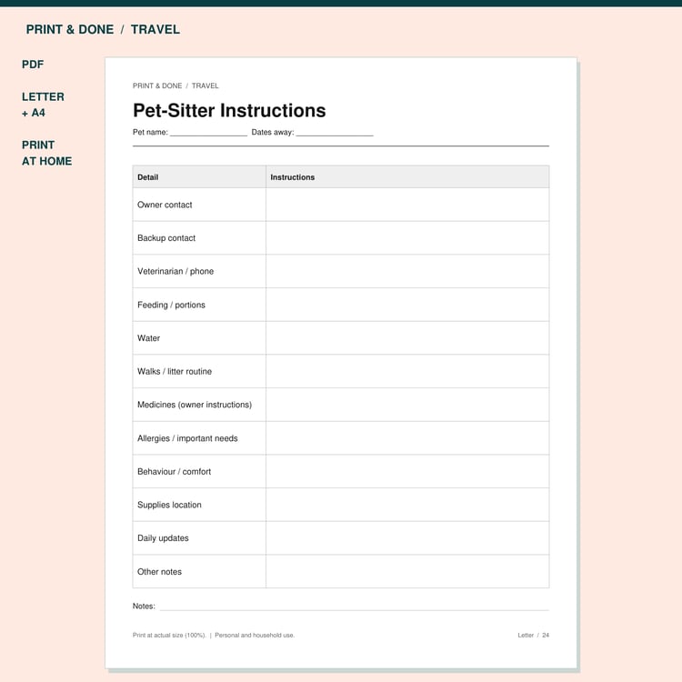 Pet-Sitter Instructions Printable preview showing the actual printable worksheet.