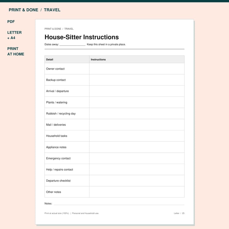 House-Sitter Instructions Printable preview showing the actual printable worksheet.